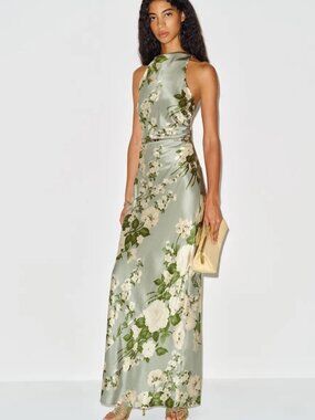 NEW Reformation Anaiis Long Silk Dress Tarragon Green Floral | size 0